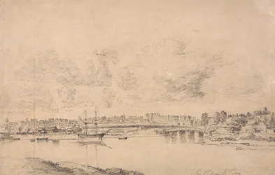 Southampton och Northam från floden Itchen (grafit på medium, lätt texturerat, blått vitt vävt papper lagt till medium, måttligt texturerat, beige vävt papper)