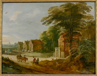 Resenärer som passerar genom en by (olja på panel)