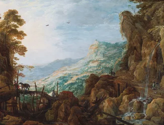 Ett stenigt bergslandskap med en ryttare på en bro och ett vattenfall (olja på pannå)