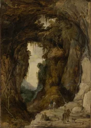 Landskap med grotta och en ryttare, ca 1616 (olja på panel)