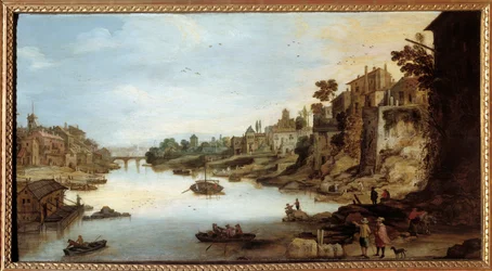 Utsikt över Tibern (Tevere) i Rom Ett hus på pålar till vänster. Målning av Josse Momper II (1564-1635)
