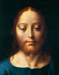 Kristi ansikte, Nattvarden, detalj av altaret för avsättningen, detalj från Minorbrödernas kyrka i Genua, Italien. c.1520