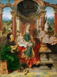 Tidig nederländsk konst: Madonnan och barnet med Saint Joseph (Bevingat altare, central panel) av Cleve, Joos van (ca 1485-1540), ca 1530. Olja på trä, 94,5x70. Konsthistoriska museet, Vienne