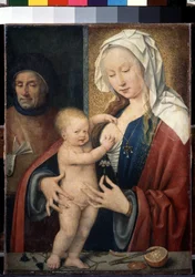 ""The Holy Family"" (The Holy Family) Barnet Jesus leker med sin mammas bröst. Målning av Joos van Cleve (Cleef) (cirka 1485-1540) 1500-talet Mått 42,5x31,5 cm Sankt Petersburg. Eremitagemuseet