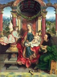 Den heliga familjen, mittpanel av en triptyk, ca 1530 (panel)