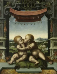 Spädbarnen Kristus och Johannes Döparen omfamnar, 1520-25