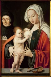 Jungfrun, barnet och en donator. Målning av Joos Van Cleve (1485-1540), olja på trä. Flamländsk konst 1500-talet. Musee Grobet Labadie, Marseille.