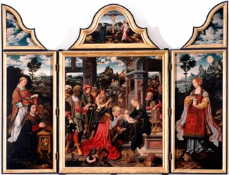 Triptyk med De vise männens tillbedjan. Målning på trä av Joos van Cleve den yngre (1485-1540), 1515. Mått 260x200 cm. Genua, San Donato-kyrkan