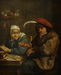 Interiör med en gammal kvinna och en man som tappas på blod (Allegori över känselsinnet)