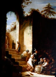 Bönder och soldater på en innergård (olja på panel)