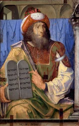 Porträtt av berömda män: Mose och lagens tavlor. Målning av Joos van Wassenhove (eller Justus van Gent, även känd som Josse eller Jodocus från Gent, Giusto di Ghent eller Juste de Ghent, verksam mellan 1460-1475). Mått: 74 x 115 cm. Museo N