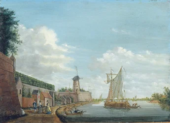 Ett flodlandskap med elegant stadsbor som promenerar vid en stadsmur, ca 1776