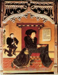 Porträtt av Inigo Lopez de Mendoza, markis av SANTILLANA (1398-1458), spansk lyrisk poet. Samling av de spanska hertigarna. Målning av Jorge INGLES (1400-talet)