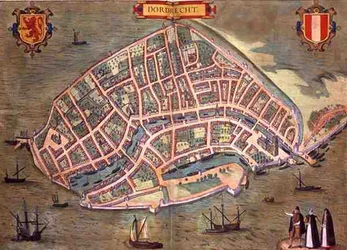 Karta över Dordrecht, från "Civitates Orbis Terrarum" av Georg Braun (1541-1622) och Frans Hogenburg (1535-90), ca 1572 (kolorerat gravyr)