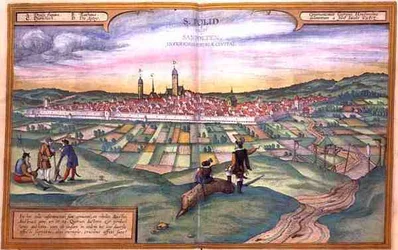 Karta över St Polten, från "Civities of the World" av Georg Braun (1541-1622) och Frans Hogneberg (1535-90)