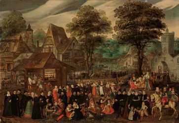 En byfest med elegant klädda figurer i procession, en flod och ett torn bortom