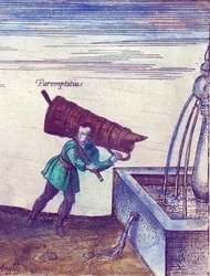 En lärling hämtar vatten från en fontän, 1598 handfärgad koppargravyr detalj av 324184