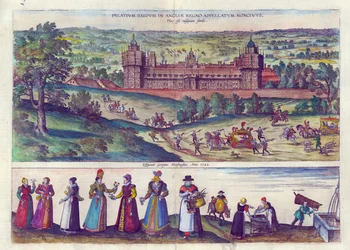 Ankomst av drottning Elizabeth I till Nonsuch Palace och män och kvinnor från Tudor Society, 1598 (handfärgad kopparstick)