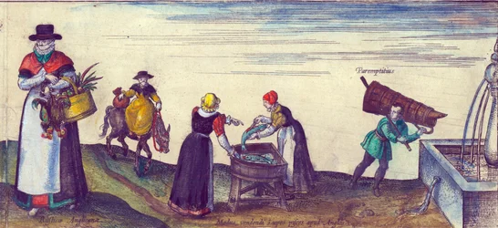 Lantfolk som går på marknaden, fiskfruar som säljer gädda och en lärling som hämtar vatten från en fontän, handfärgad koppargravyr från 1598 av 324184