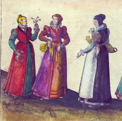 Engelska kvinnor från den elisabetanska eran, 1598 (handfärgad kopparstick)