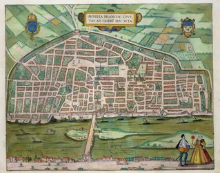 Karta över Aurelia, från "Civitates Orbis Terrarum" av Georg Braun (1541-1622) och Frans Hogenberg (1535-90) ca 1572-1617