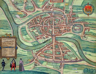 Karta över Bristol, från "Cities of the World" av Georg Braun (1541-1622) och Frans Hogenberg (1535-90) c.1572-1617