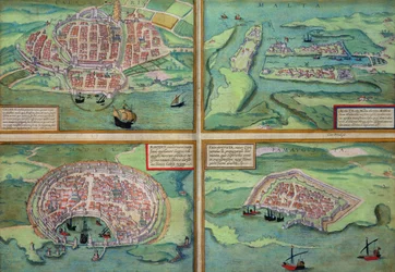 Karta över Calais, Malta, Rhodos och Famagusta, från "Civitates Orbis Terrarum" av Georg Braun (1541-1622) och Frans Hogenberg (1535-90), omkring 1572.