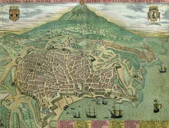 Karta över Catania, ur "Civitates Orbis Terrarum" av Georg Braun (1541-1622) och Frans Hogenberg (1535-90), ca 1572
