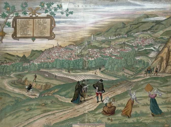 Karta över Granada, från "Civitates Orbis Terrarum", volym I nummer 4, av Georg Braun (1541-1622) och Frans Hogenberg (1535-90), 1565