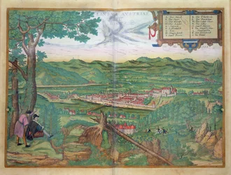 Karta över Linz, från "Civitates Orbis Terrarum" av Georg Braun (1541-1622) och Frans Hogenberg (1535-90) 1594