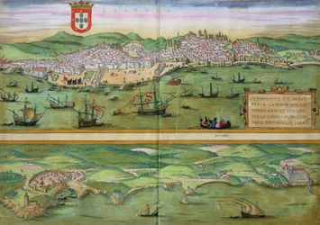 Karta över Lissabon och Cascais, ur «Civitates Orbis Terrarum» av Georg Braun (1541-1622) och Frans Hogenberg (1535-90), ca 1572