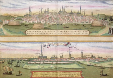 Karta över Lübeck och Hamburg, ur ”Civitates Orbis Terrarum” av Georg Braun (1541-1622) och Frans Hogenberg (1535-90), ca 1572