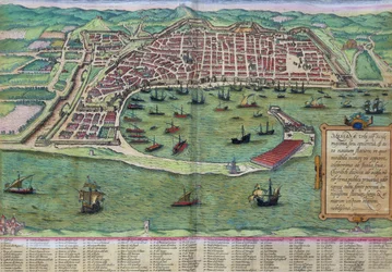 Karta över Messina, från "Civitates Orbis Terrarum" av Georg Braun (1541-1622) och Frans Hogenberg (1535-90), ca 1572
