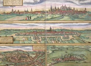 Karta över Nürnberg, Ulm och Salzburg, ur "Civitates Orbis Terrarum" av Georg Braun (1541-1622) och Frans Hogenberg (1535-90), omkring 1572