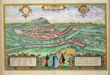 Karta över Salzburg, ur «Civitates Orbis Terrarum» av Georg Braun (1541-1622) och Frans Hogenberg (1535-90), ca 1572-1617