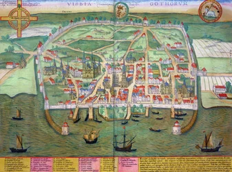 Karta över Visby, från "Civitates Orbis Terrarum" av Georg Braun (1541-1622) och Frans Hogenberg (1535-90) ca 1572-1617