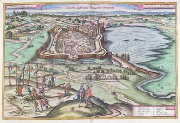 Den ungerska fästningen Papa vid tiden för den osmanska belägringen, ur "Le Theatre du Monde" av Georg Braun (1541-1622) utgiven i Köln 1572-1618, 1617.