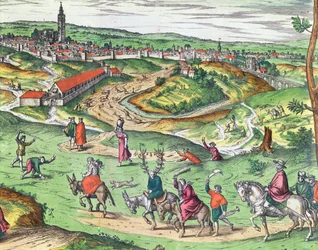 Stadsplan för Sevilla, från Civitates Orbis Terrarum av Georg Braun 1541-1622 och Frans Hogenberg 1535-90, 1593 färgad gravyrdetalj av 121051