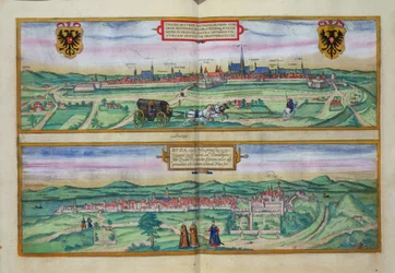Stadsplan över Wien och Buda, från "Civitates Orbis Terrarum" av Georg Braun (1541-1622) och Frans Hogenberg (1535-90), omkring 1572.