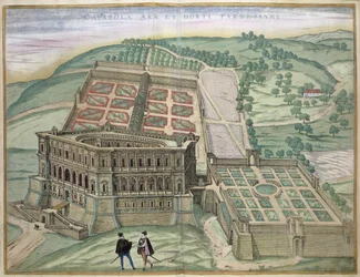 Utsikt över Villa Farnese och trädgårdarna, från "Civitates Orbis Terrarum" av Georg Braun (1541-1622) och Frans Hogenberg (1535-90) c, 1572-1617