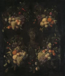 Simulerat skulpterat huvud av en kvinna i en kartusch dekorerad med swags of fruit
