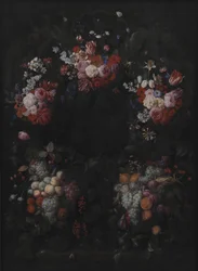 Stenkartouche med frukt- och blomstergirland