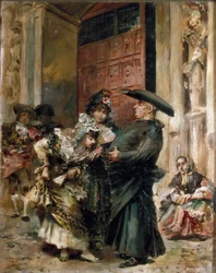 ""Att lämna mässan"": två kvinnor som undersöker magen på en kur vid utgången av en kyrka. Målning av Jose Denis Belgrano (1844-1917), 1800-talets andra hälft. Olja på duk.