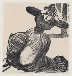 En flämtande kvinna på marken med händerna höjda mot huvudet, från en bredsida med titeln..., 1893.