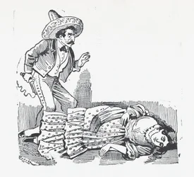 En man med en pistol stående över en kvinna som han just har skjutit, ca. 1880-1910., ca. 1880-1910.
