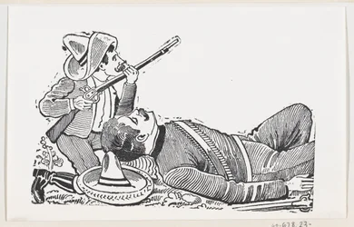 En revolutionär som håller ett gevär och knäböjer för att skydda en fallen revolutionär, c..., ca. 1880-1910.