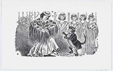 En kvinna som dansar med en katt i kostym, ca. 1880-1910., ca. 1880-1910.