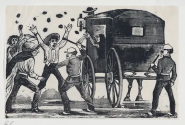 Män slåss nära en häst och vagn, ca. 1900-1910., ca. 1900-1910.