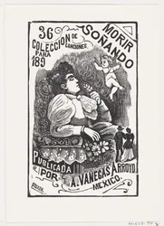Profil av en kvinna som sitter i en stol med huvudet bakåt och håller en blomma, il..., ca. 1890.