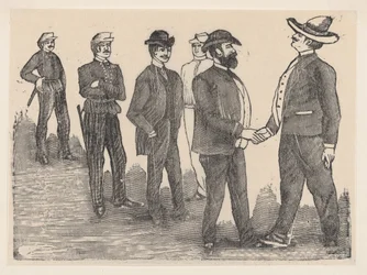 Två män skakar hand i förgrunden och officerare som tittar på dem i bakgrunden..., ca. 1880-1910.